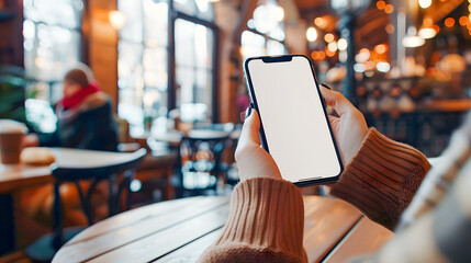 Mockup woman's hand holding using smart phone with white blank screen at coffee shop, mobile app design and advertising, online marketing