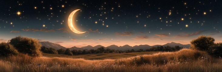 Wall Mural - a large crescent moon is shining brightly in the night sky. the moon is surrounded by a field of tal