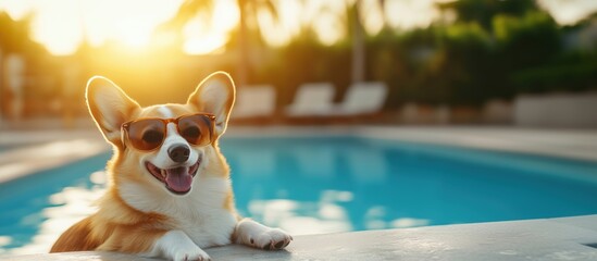 Corgi wearing sunglasses by poolside, enjoying sunny day, relaxed atmosphere