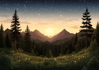 Wall Mural - a mountain range with a sun in the sky. trees are in the foreground and background