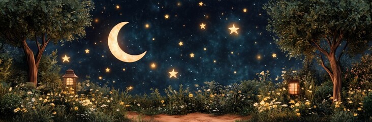 Wall Mural - a large poster of a forest with a full moon and stars. the moon is in the center of the poster and t