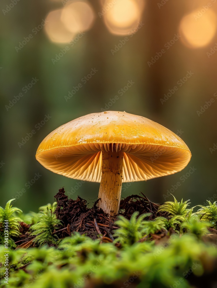 Single mushroom adorned with dewdrops at dawn in a mystical forest, evoking enchantment and tranquility.