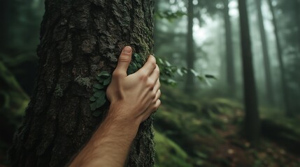 A hand is touching a tree. The tree is covered in moss