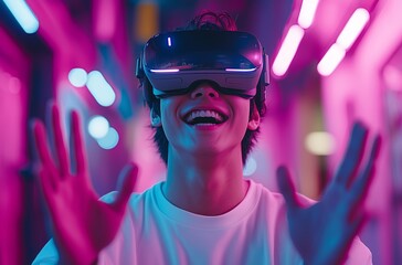 A man wearing a virtual reality headset is smiling. He is wearing a white shirt. The scene is set in a brightly lit room