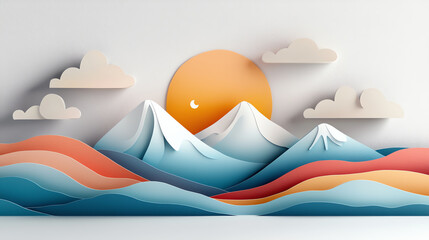 Wall Mural - Vibrant paper cut-out landscape with mountains and sunrise in colorful layers