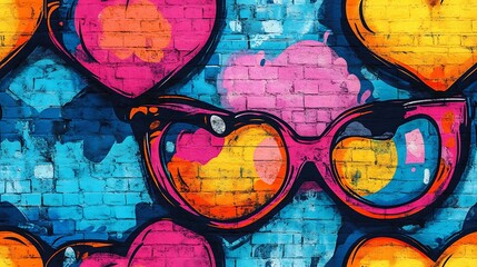 Sticker - Graffiti-style pattern of heart-shaped sunglasses and accessories, vibrant colors, urban street background, spray paint textures, bold and youthful appearance, hd quality, seamless design.