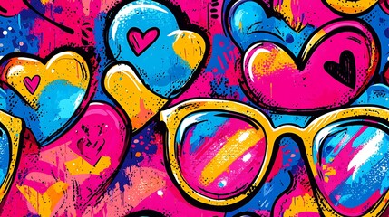 Wall Mural - Graffiti-style pattern of heart-shaped sunglasses and accessories, vibrant colors, urban street background, spray paint textures, bold and youthful appearance, hd quality, seamless design.