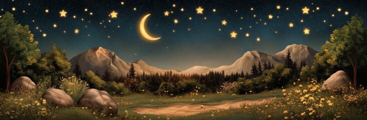 Wall Mural - a painting of a mountain range with a large crescent moon in the sky. the moon is surrounded by star