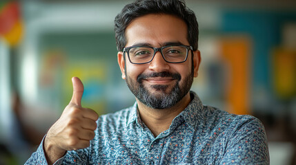 Portrait of Indian businessman in casual shirt, man with beard and glasses smiling and looking at camera showing thumbs up affirmative 