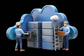 Candid Photograph of Engineers Collaborating on Cloud Server Setup in Modern Data Center, Showcasing Advanced Cloud Networking Infrastructure and Teamwork, Ideal for Photo Stock Use with Ample Copy Sp