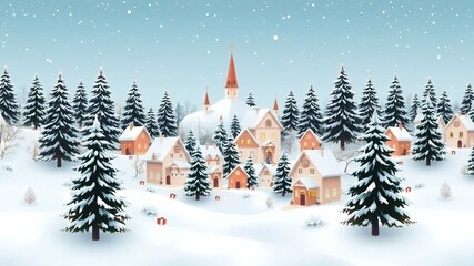 Sticker - Snowy winter village with a church.