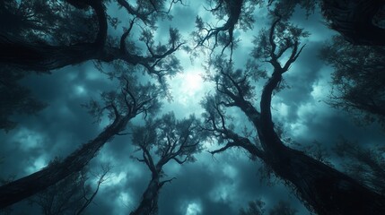 Wall Mural - a forest with trees and a blue sky. the sky is cloudy and the trees are tall
