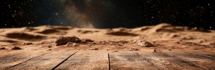 Wall Mural - a desert scene with a wooden floor and a large rock. the sky is dark and the stars are visible