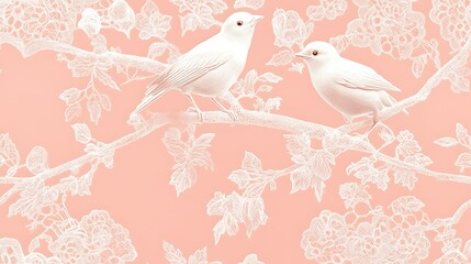 Canvas Print - Lace overlay pattern featuring lovebirds on a heart-shaped branch, delicate lace details, white on a light pink background, elegant and sophisticated style, intricate design, hd quality,