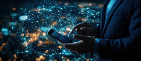 Wall Mural - Businessman using smartphone with glowing network connection in background.