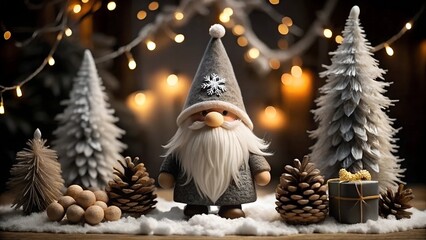 Scandinavian Nordic Gnome. Winter holiday greeting card, sticker with 3D toy character mythical fairy tale old man grandfather and set festive decor. Collection Merry Christmas, Happy New Year design.