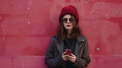 urban woman with phone on wall