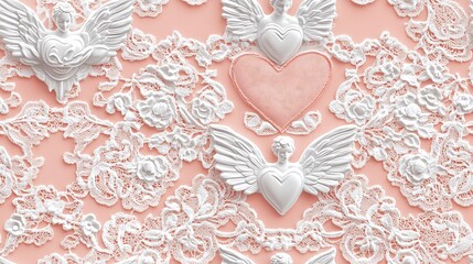 Poster - Lace pattern featuring Cupid silhouettes and heart-shaped arrows, delicate lace details, white on a pink background, seamless flow, romantic and sophisticated look, intricate designs, fine texture,