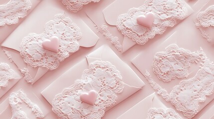 Canvas Print - Pattern of lace-covered love letters and envelopes with heart seals, delicate lace details on a light pink background, elegant and sophisticated style, soft textures, hd quality, seamless flow.