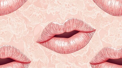 Poster - Pattern of lips and kisses with lace overlays, delicate lace details on a light pink background, romantic and sophisticated style, soft textures, hd quality, seamless flow. --ar 16:9 --tile