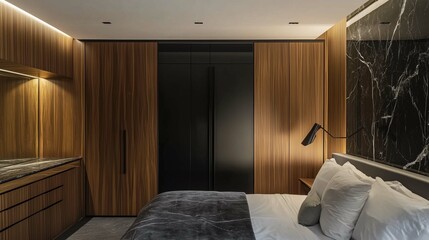 Wooden wardrobe with black marble doors in scandinavian style interior design of modern bedroom.
