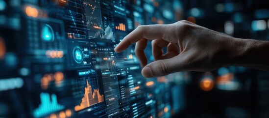 Close-up of a hand interacting with a digital interface filled with data and graphs.
