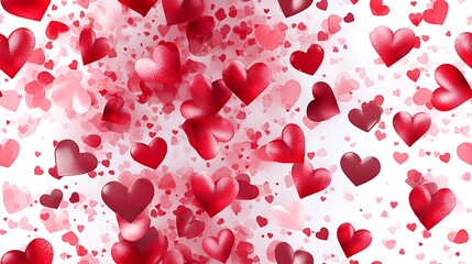 Poster - Seamless pattern of heart-shaped confetti in various sizes, realistic style, red and pink colors on a white background, scattered arrangement, soft shadows, high contrast, hd quality,