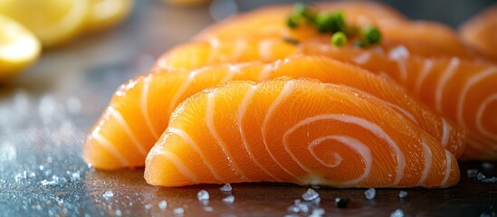 Wall Mural - Close-up of fresh salmon sashimi with salt and lemon slices on a dark background.