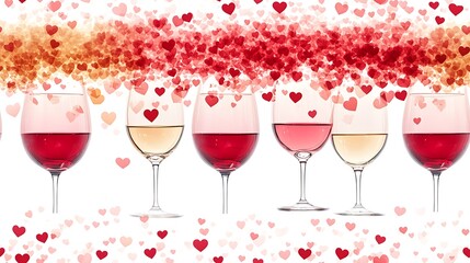 Poster - Seamless pattern of wine glasses with heart-shaped bubbles, realistic style, red and pink tones on a white background, soft shadows, elegant arrangement, hd quality, romantic vibe, high contrast.