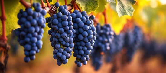 Canvas Print - Close-up of ripe purple grapes hanging from a vine.