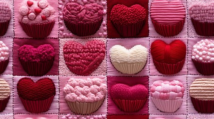 Wall Mural - Stitched pattern of cupcakes with heart-shaped sprinkles, fabric texture, embroidery style, cozy and handmade feel, various shades of pink and red, patchwork look, hd quality, seamless repetition.