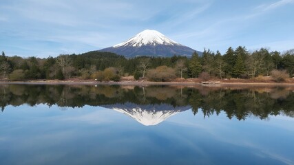 Wall Mural - A snow-capped mountain reflects perfectly in a still lake.