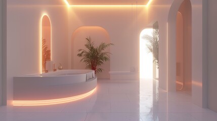 Wall Mural - A modern bathroom with a freestanding bathtub, arched doorways and warm lighting. AI.