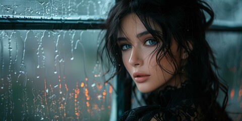 Poster - A woman with dark hair looks out a window with raindrops on it. AI.