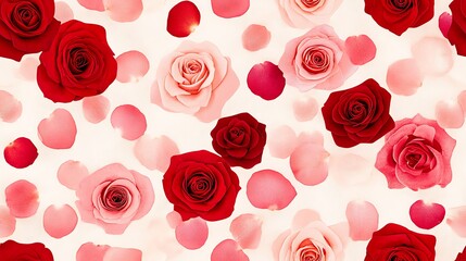 Poster - Stitched pattern of red and pink roses with scattered petals, fabric texture, embroidery style, patchwork look, cozy and handmade feel, soft lighting, hd quality, seamless repetition.