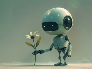 Sticker - A robot holds out a flower. AI.