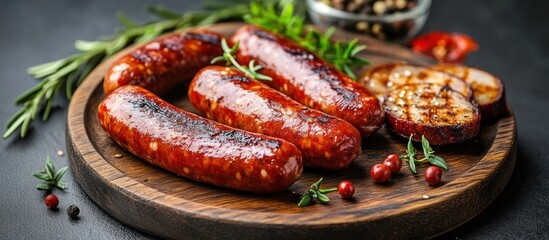 Poster - Closeup of four grilled sausages on a wooden plate with rosemary, peppercorns and grilled onions.