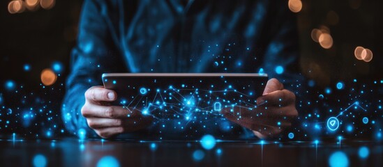 Poster - Closeup of hands holding a tablet with glowing digital network connections.