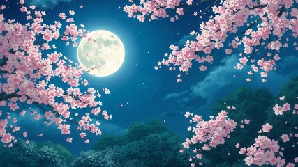 Wall Mural - Pink cherry blossoms bloom under a full moon.