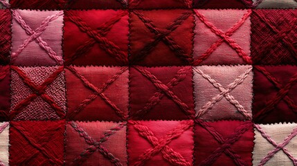 Canvas Print - Stitched pattern of X's and O's, fabric texture, embroidery style, cozy and handmade feel, various shades of red and pink, patchwork look, hd quality, seamless repetition. --ar 16:9 --tile