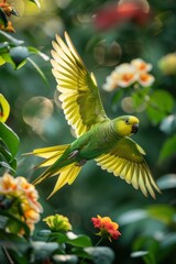 Wall Mural - A green parrot with yellow feathers soars through the air. AI.