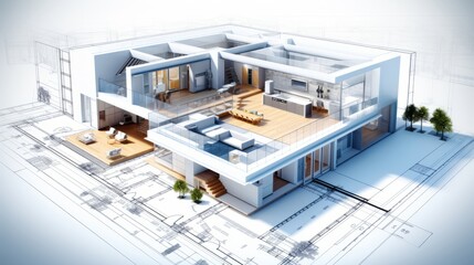 Wall Mural - vision of architecture of a 3d model house project with blueprint