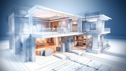 Wall Mural - vision of architecture of a 3d model house project with blueprint