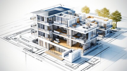 Wall Mural - vision of architecture of a 3d model house project with blueprint