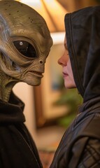 Poster - An alien and a human stare at each other. AI.