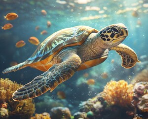 Wall Mural - graceful sea turtle gliding over vibrant coral reef with surrounding marine life