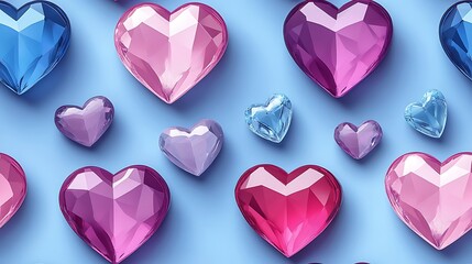 Poster - Vector pattern of heart-shaped gemstones and jewelry, flat design style, pastel pink and blue colors, minimalist approach, clean lines, modern look, hd quality, seamless flow. --ar 16:9 --tile