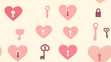 Canvas Print - Vector pattern of heart-shaped locks and keys, flat design style, pastel pink and cream background, minimalist approach, clean lines, modern look, hd quality, seamless flow. --ar 16:9 --tile