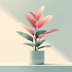 Sticker - A potted plant with pink leaves in sunlight. AI.