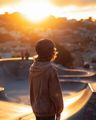 Sticker - A skateboarder watches the sunset from a skate park. AI.